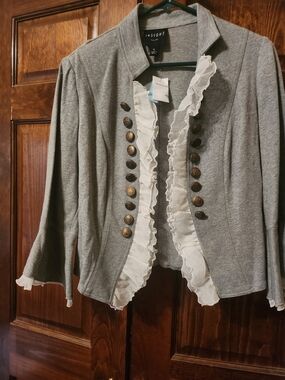 Insight Gray Jacket with White Ruffle Trim and Antique Buttons